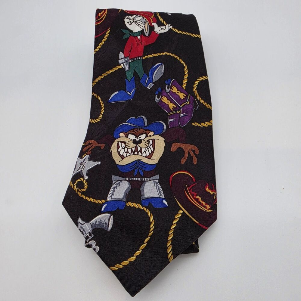 1992 Loony Tunes Black Western Neck Tie Bugs, Taz, Daffy, Whiley 58"Long 4"wide